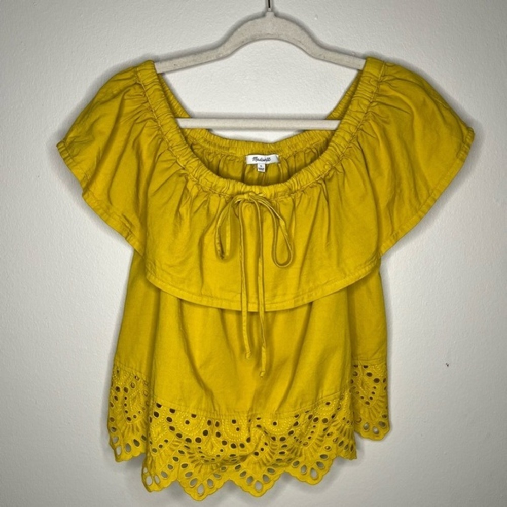 Madewell Womens Size S Mustard Eyelet Off The Shoulder Ruffle Boho Feminine Top